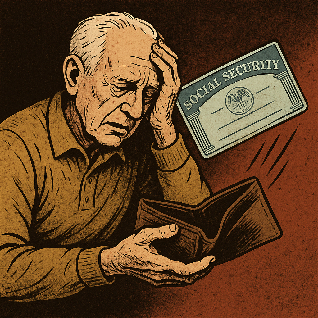 An elderly man with deep wrinkles holds his forehead in distress with one hand while clutching an empty wallet in the other; a Social Security card drifts away from him against a textured, warm-toned background, symbolizing loss of benefits.