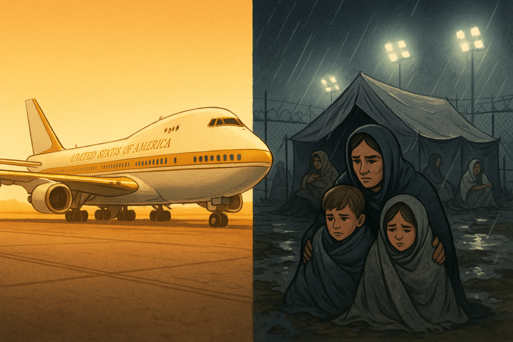 A composite image showing two contrasting scenes: on the left, a glowing, gold-accented presidential jet; on the right, cold immigrant families in a flooded tent camp, surrounded by fences and floodlights.