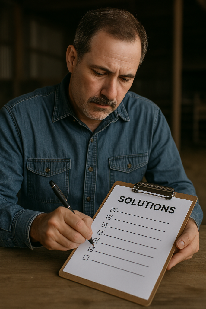 A middle-aged man in a denim shirt carefully writes on a clipboard labeled “SOLUTIONS,” with several checkboxes marked, seated at a rustic wooden table in soft natural lighting.