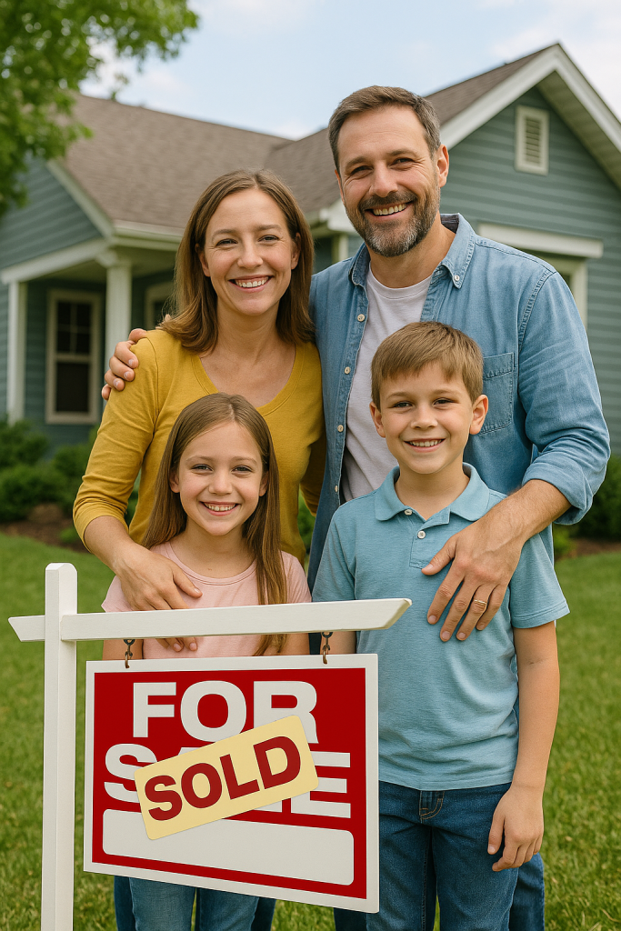 A smiling Caucasian family of four—father, mother, young daughter, and young son—stands together in front of a blue suburban home with a green lawn. They are gathered closely, looking happy, with a large red and white “FOR SALE” sign in the foreground that has a yellow “SOLD” sticker across it.