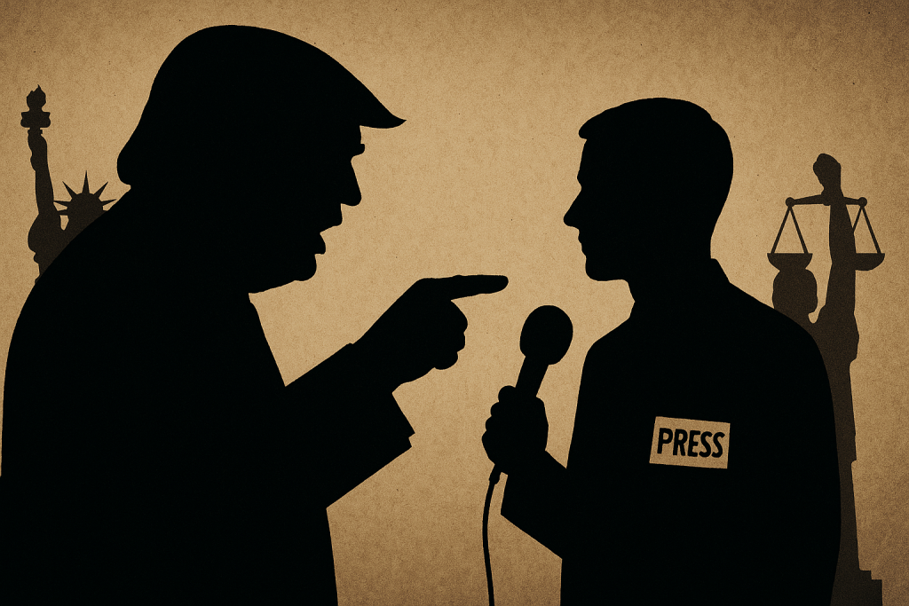 Silhouetted image of a political figure pointing aggressively at a journalist holding a microphone labeled “PRESS,” with the Statue of Liberty and Lady Justice faintly visible in the background, symbolizing a clash between government power and press freedom.