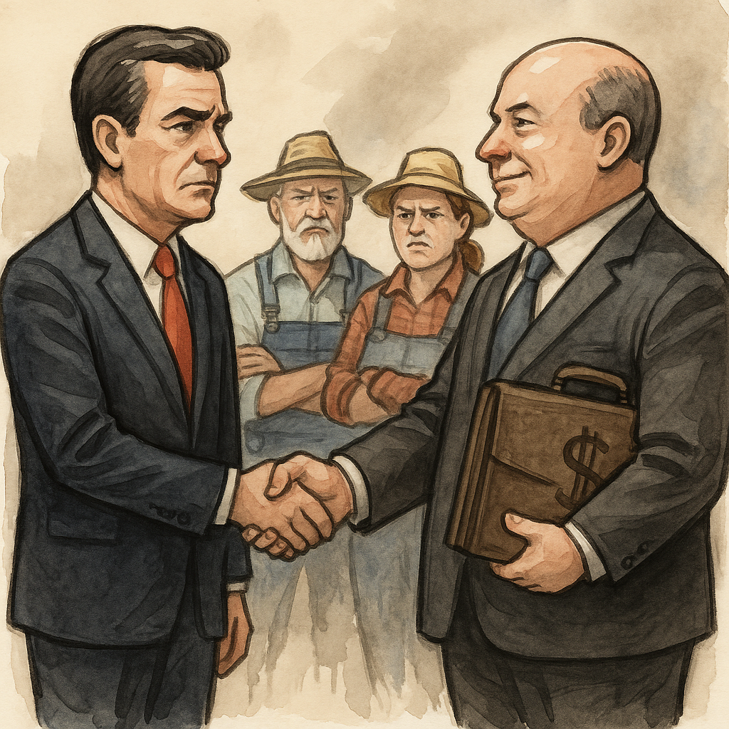 Illustration of a politician in a suit shaking hands with a businessman holding a dollar-sign briefcase, while two angry farmers in overalls stand in the background, highlighting the disconnect between political deals and rural concerns.
