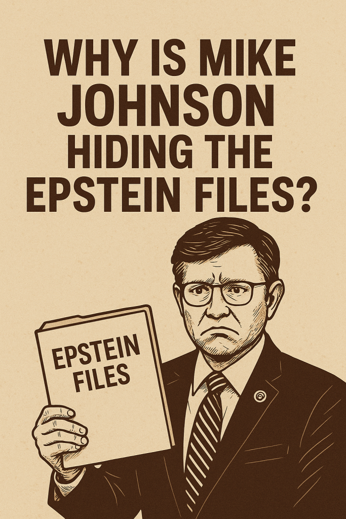 Satirical illustration of Speaker Mike Johnson holding a manila folder labeled “Epstein Files.” The design uses vintage-style ink lines on a textured beige background. Bold text reads “Why Is Speaker Johnson Hiding the Epstein Files?” with a subtle subtext: “Is he protecting someone—or being used by someone?” The tone is serious and investigative.