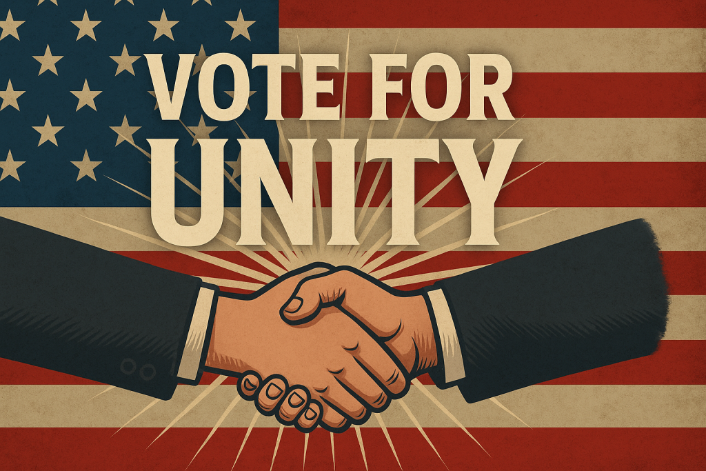 illustration features a handshake between two people in suits, centered over a stylized American flag with sunburst rays. Above the handshake, bold text reads “VOTE FOR UNITY,” symbolizing bipartisan cooperation. The design has a vintage patriotic style.C