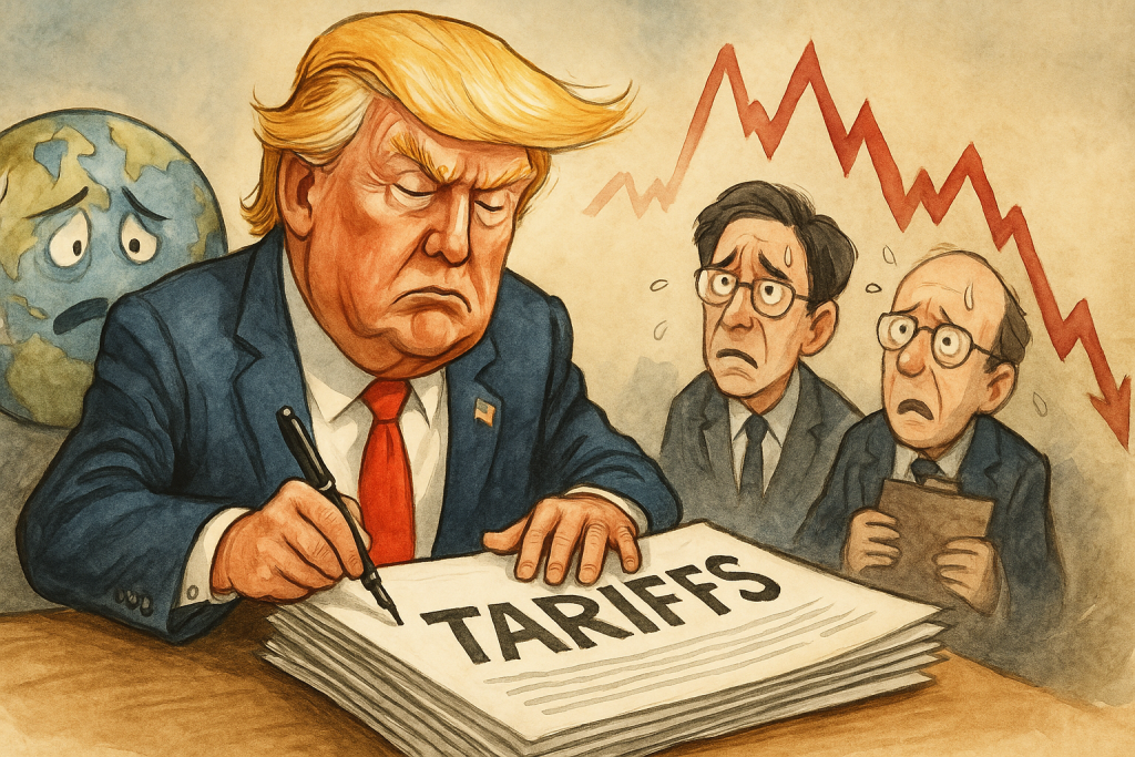 Satirical image of Trump signing tariffs as U.S. businesses and global allies look on with concern.
