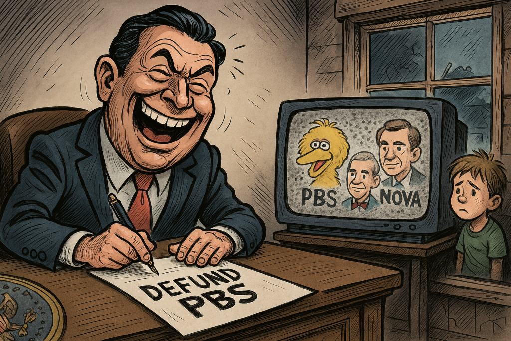 Cartoon illustration of a smug congressman laughing maniacally while signing a paper labeled “DEFUND PBS” at his desk. Beside him, a vintage television shows static images of Big Bird, Mister Rogers, and a host from NOVA fading away. In the background, a sad child watches through a dusty rural window as the screen goes dark.