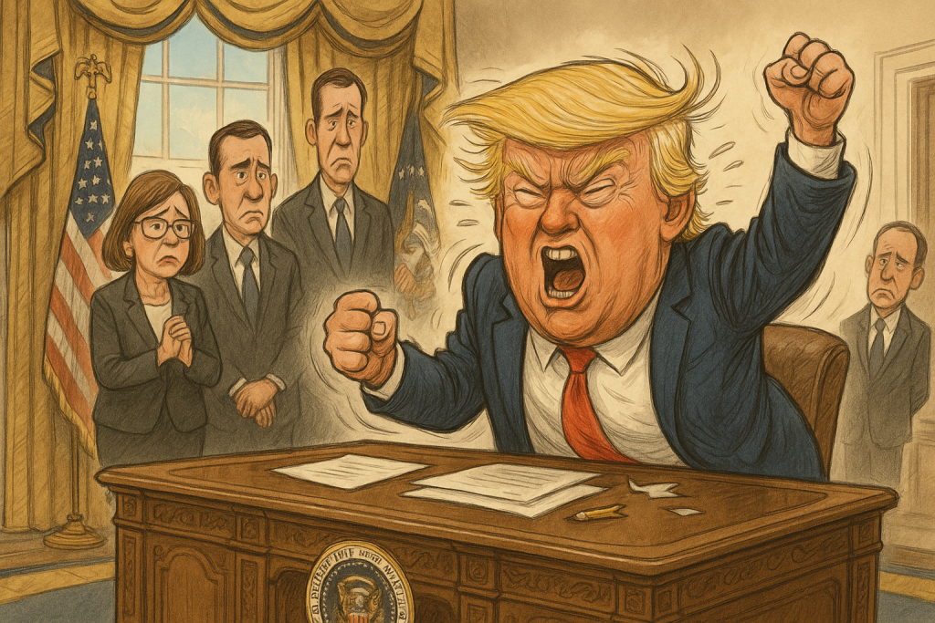 Satirical caricature of former President Donald Trump throwing a tantrum in the Oval Office, with exaggerated facial expressions and clenched fists, while three staffers stand awkwardly in the background looking uncomfortable.