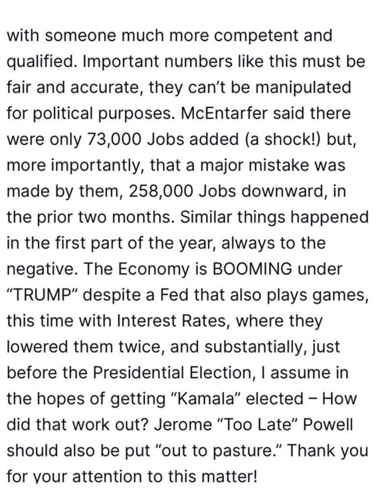 Screenshot of a Truth Social post from Donald Trump claiming that job numbers were intentionally faked by a Biden appointee to help Kamala Harris win the election. Trump accuses Dr. Erika McEntarfer of manipulating employment data and calls for her to be fired.