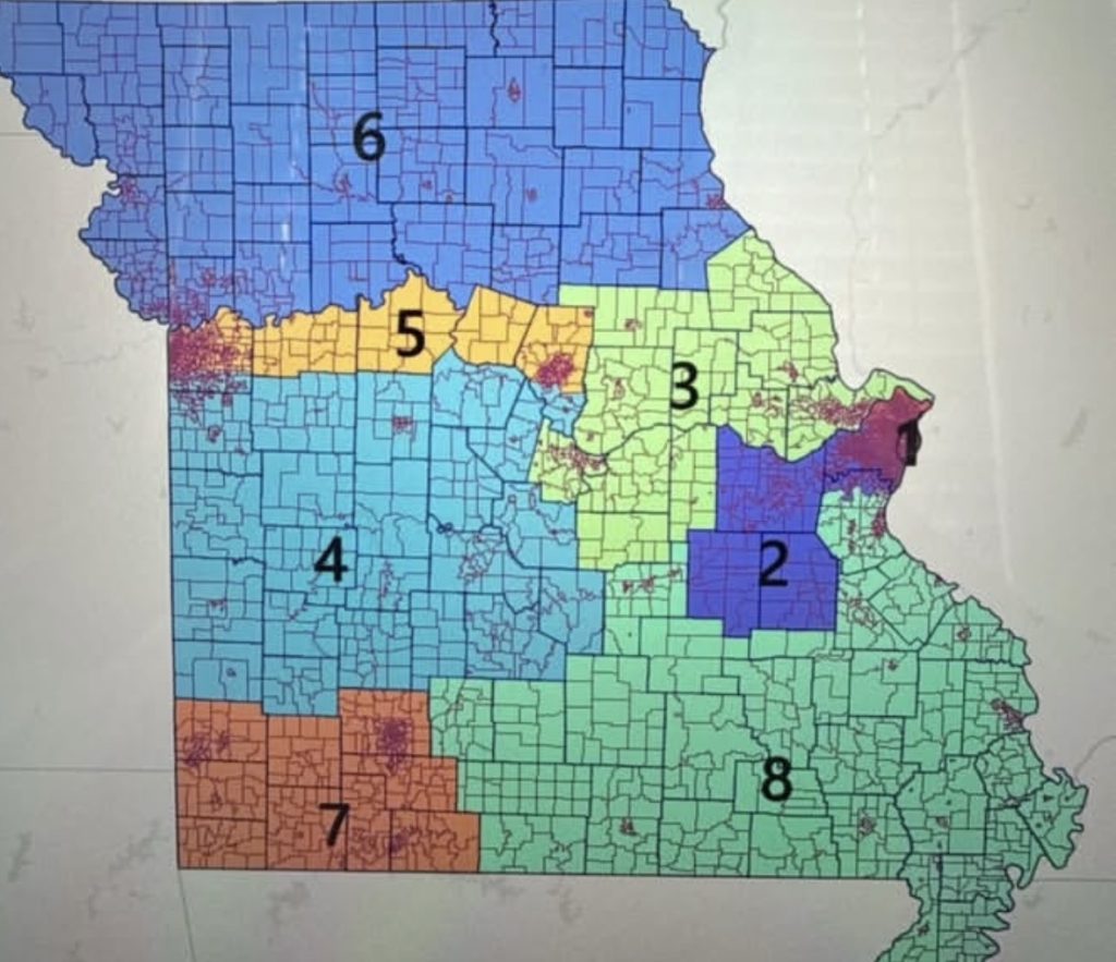 Map of Missouri showing a proposed redistricting plan with the state divided into eight color-coded congressional districts. The layout appears heavily manipulated, with oddly shaped boundaries and districts that split rural and urban areas. The image reflects a controversial midterm redistricting concept leaked from GOP sources.