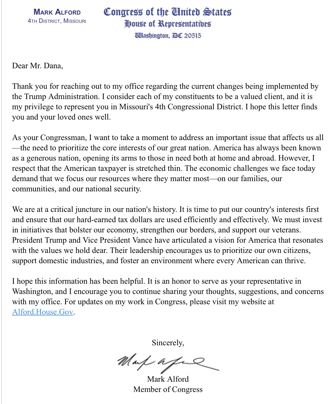 Mark Alford’s Letter Proves He Works for Trump, Not Missouri