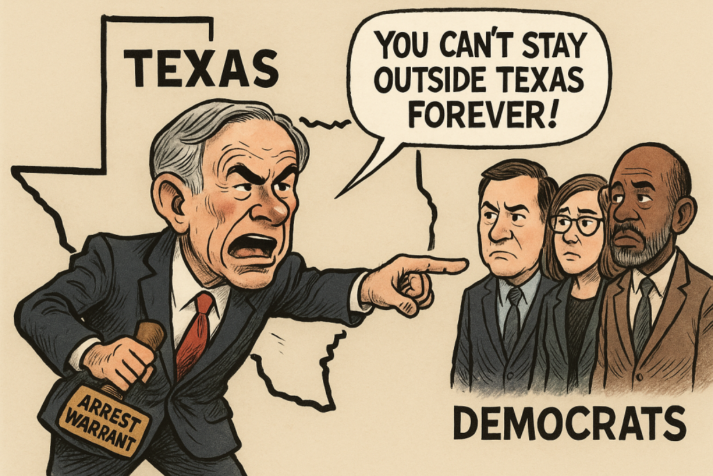 A satirical political cartoon shows Texas Governor Greg Abbott angrily pointing outside a bold outline of Texas, holding a large “ARREST WARRANT” stamp in one hand. Across the state line stand three Democratic lawmakers—two men and one woman—looking unimpressed. A speech bubble over Abbott reads, “YOU CAN’T STAY OUTSIDE TEXAS FOREVER!”
