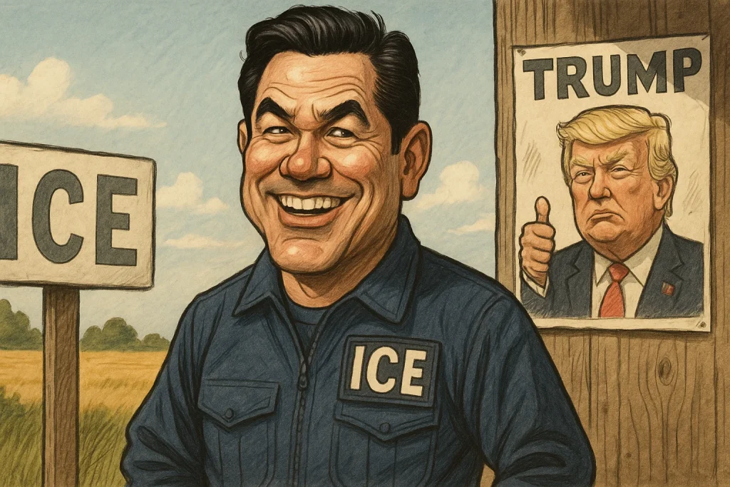 ICE uniform standing outdoors near a wooden post, with a “TRUMP” poster showing Donald Trump giving a thumbs-up in the background.