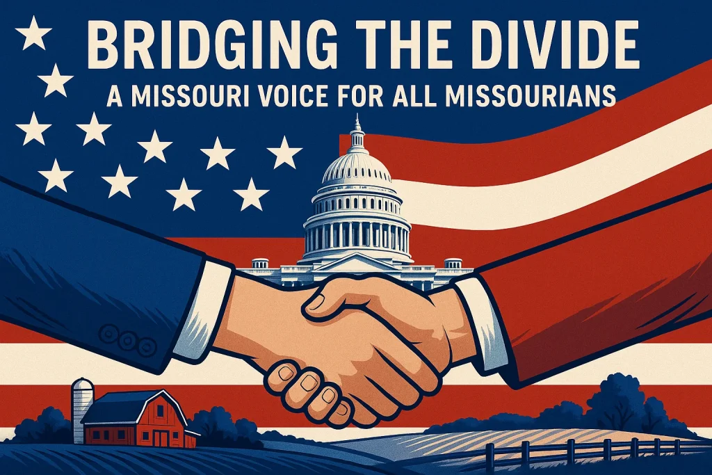 A patriotic illustration showing two hands shaking—one in a blue suit, one in a red suit—over a backdrop of the U.S. Capitol, an American flag, and a rural Missouri farm scene, with the text “Bridging the Divide: A Missouri Voice for All Missourians” in bold white letters.