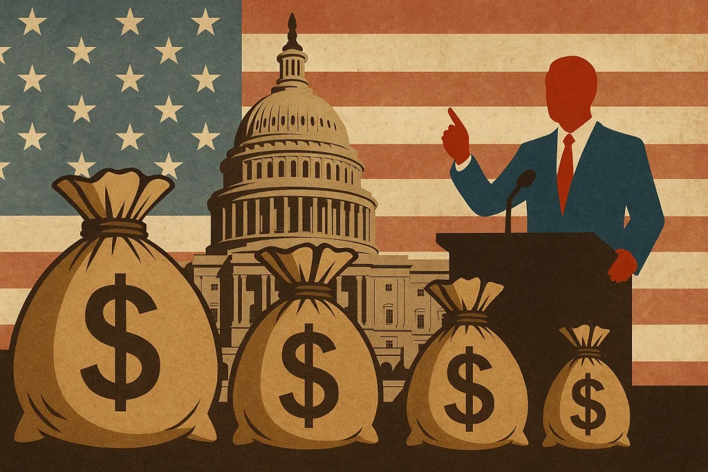 Illustration of the U.S. Capitol and American flag backdrop, with four money bags of varying sizes in the foreground and a faceless politician silhouette at a podium, symbolizing big money influence in politics.