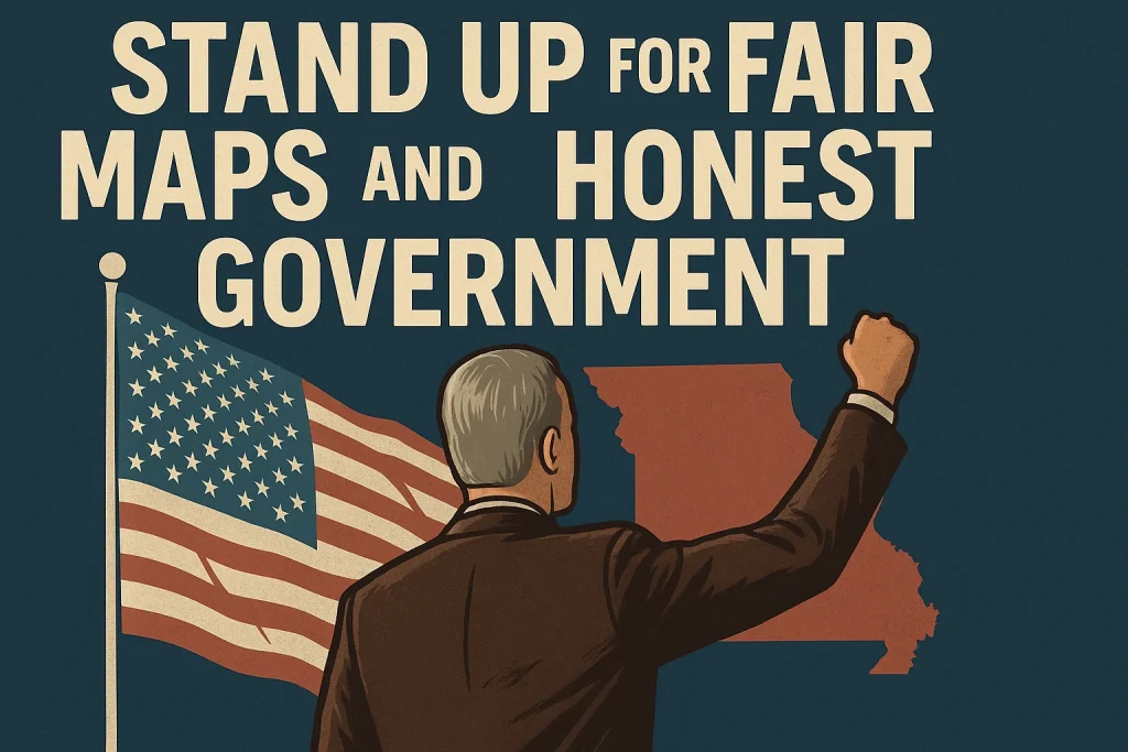 A vintage-style illustration shows a man in a brown suit raising his fist toward a red silhouette of Missouri, with the U.S. flag beside him and bold text reading “STAND UP FOR FAIR MAPS AND HONEST GOVERNMENT” on a dark blue background.