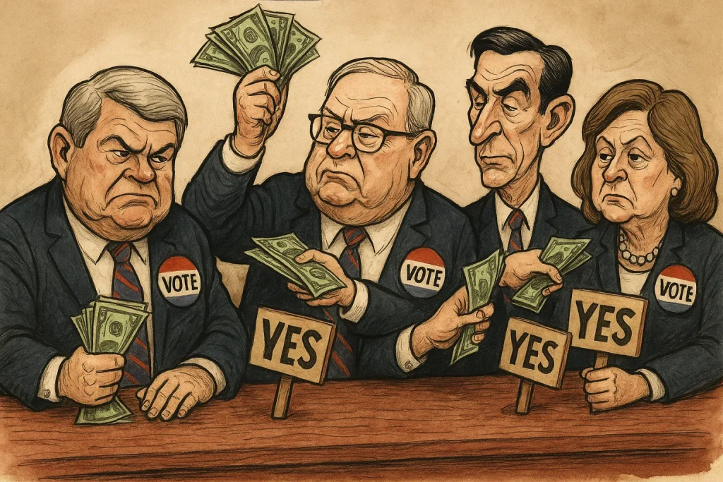 Satirical caricature of four elderly politicians in dark suits with “VOTE” buttons, exaggerated facial features, and multiple hands holding and passing stacks of dollar bills while displaying “YES” signs. The extra hands are drawn for satirical emphasis, symbolizing constant money exchange influencing their votes.