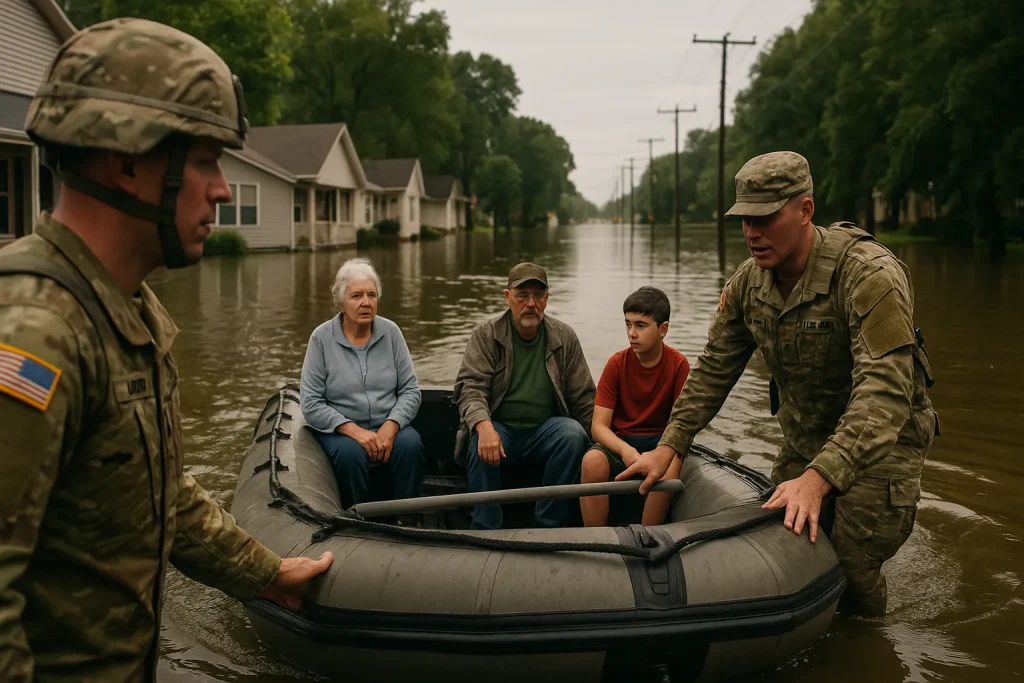 Two National Guard soldiers help an elderly couple and a young boy evacuate in an inflatable boat through a flooded rural neighborhood, showing the Guard’s role in disaster relief rather than street policing.