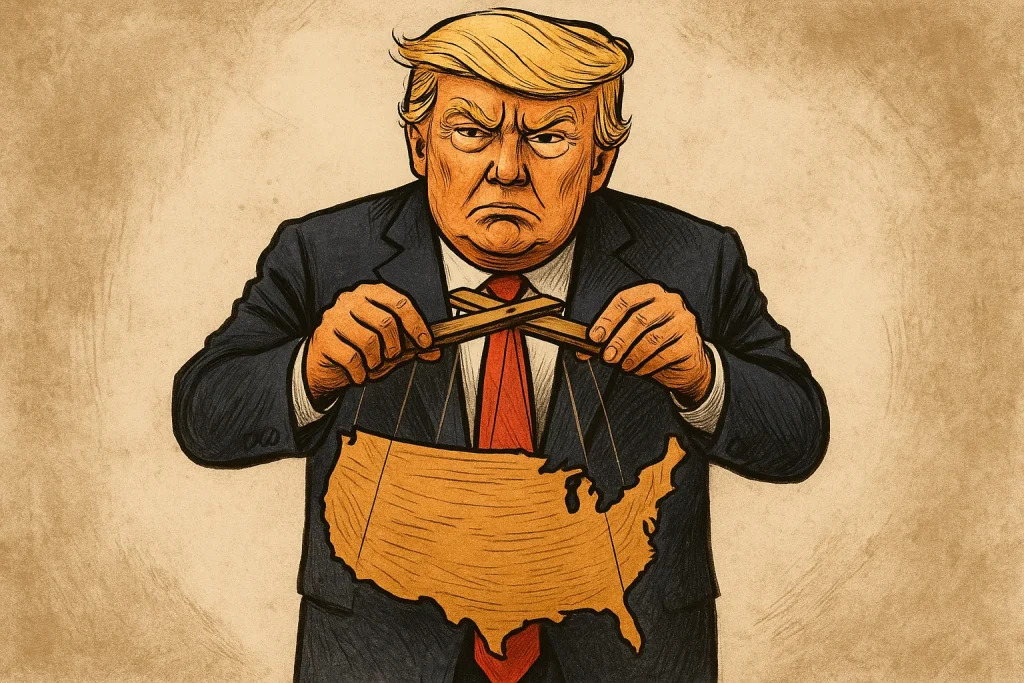 Satirical caricature of Donald Trump holding wooden control bars and manipulating a marionette shaped like the United States, symbolizing control over the nation.