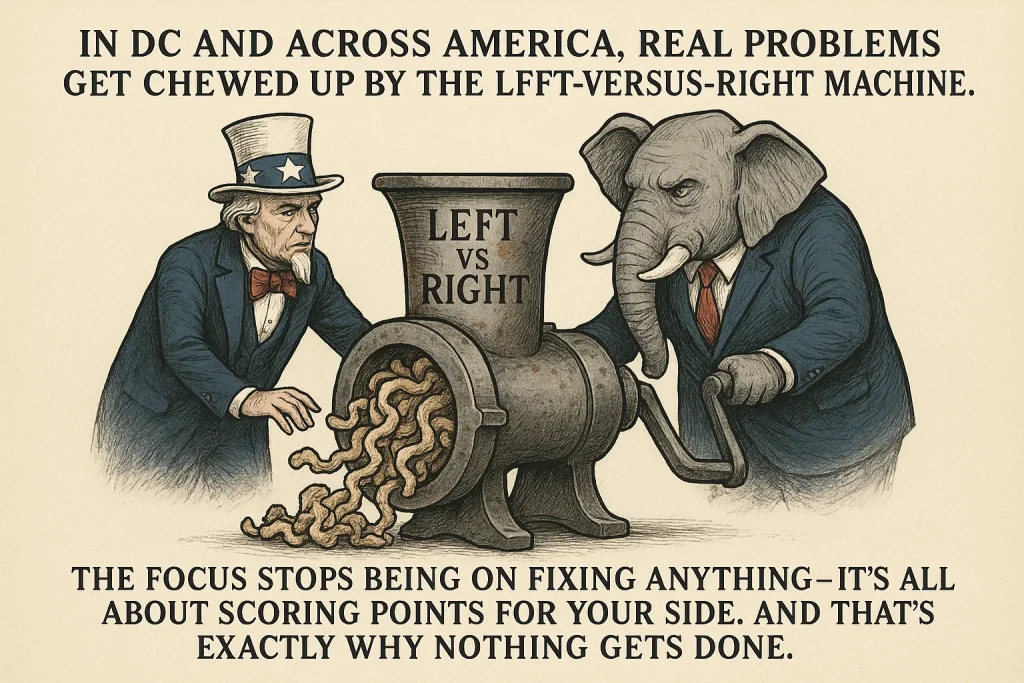 Editorial-style illustration showing Uncle Sam and a Republican elephant being fed into a rusty “LEFT vs RIGHT” meat grinder, with scraps labeled ‘real issues’ spilling out—symbolizing how partisan politics destroys problem-solving.