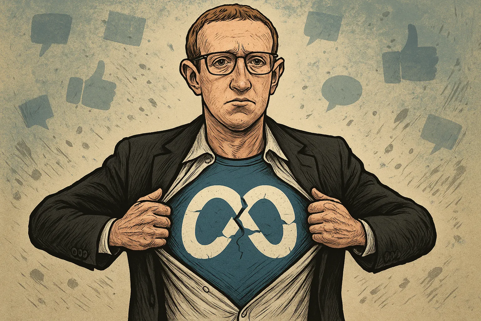 Bias in the Meta Machine: When Facebook’s Promises Fall Short 1 A satirical caricature of a tech CEO figure, resembling but not exactly Mark Zuckerberg, pulling open his shirt superhero-style to reveal a cracked Meta logo. The background shows distorted Facebook thumbs-up and speech bubble icons, symbolizing bias and negativity.