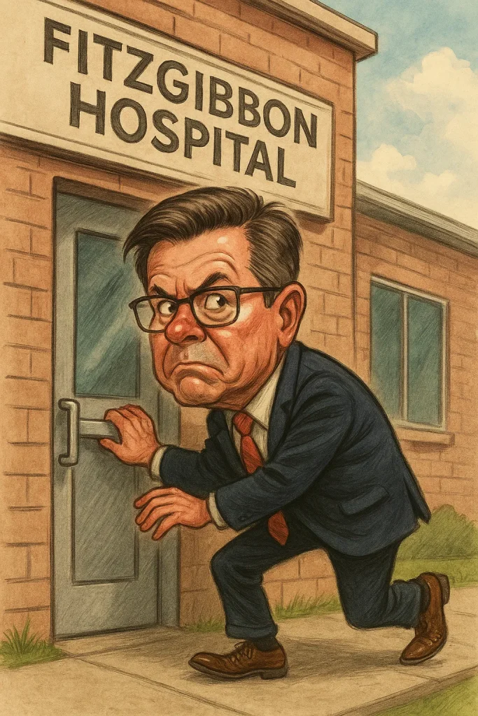 Mark Alford’s Hidden Fitzgibbon Hospital Photo Op Exposes His Pattern of Avoiding Constituents 1 A satirical caricature of an elderly man in a navy suit and red tie, resembling Mark Alford, sneaking into Fitzgibbon Hospital. He crouches low with a tense expression, gripping the hospital door handle, symbolizing secrecy and staged photo ops.