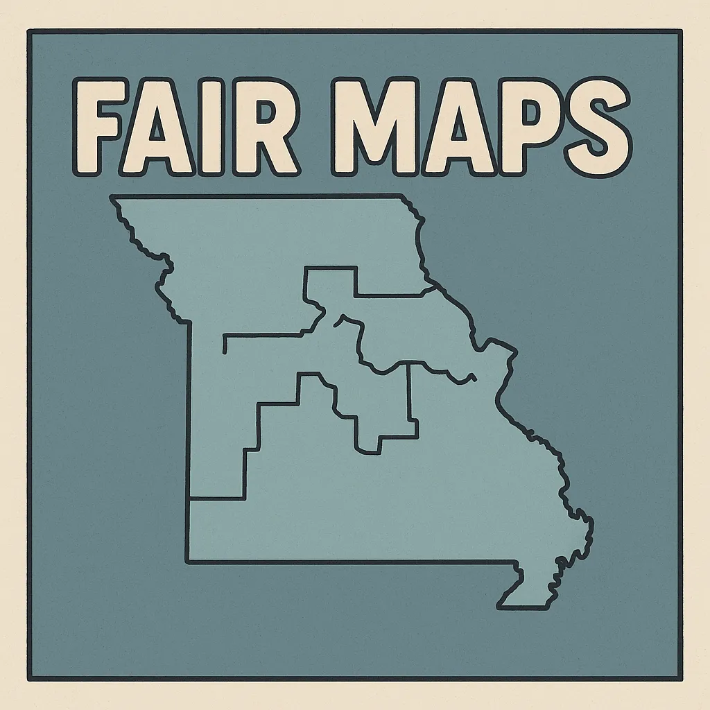 Missouri Voters Deserve Fair Maps, Not a MAGA Power Play 1 A stylized flat illustration of Missouri with black-outlined congressional districts, set against a muted blue background. The words “FAIR MAPS” appear in bold letters above the state outline