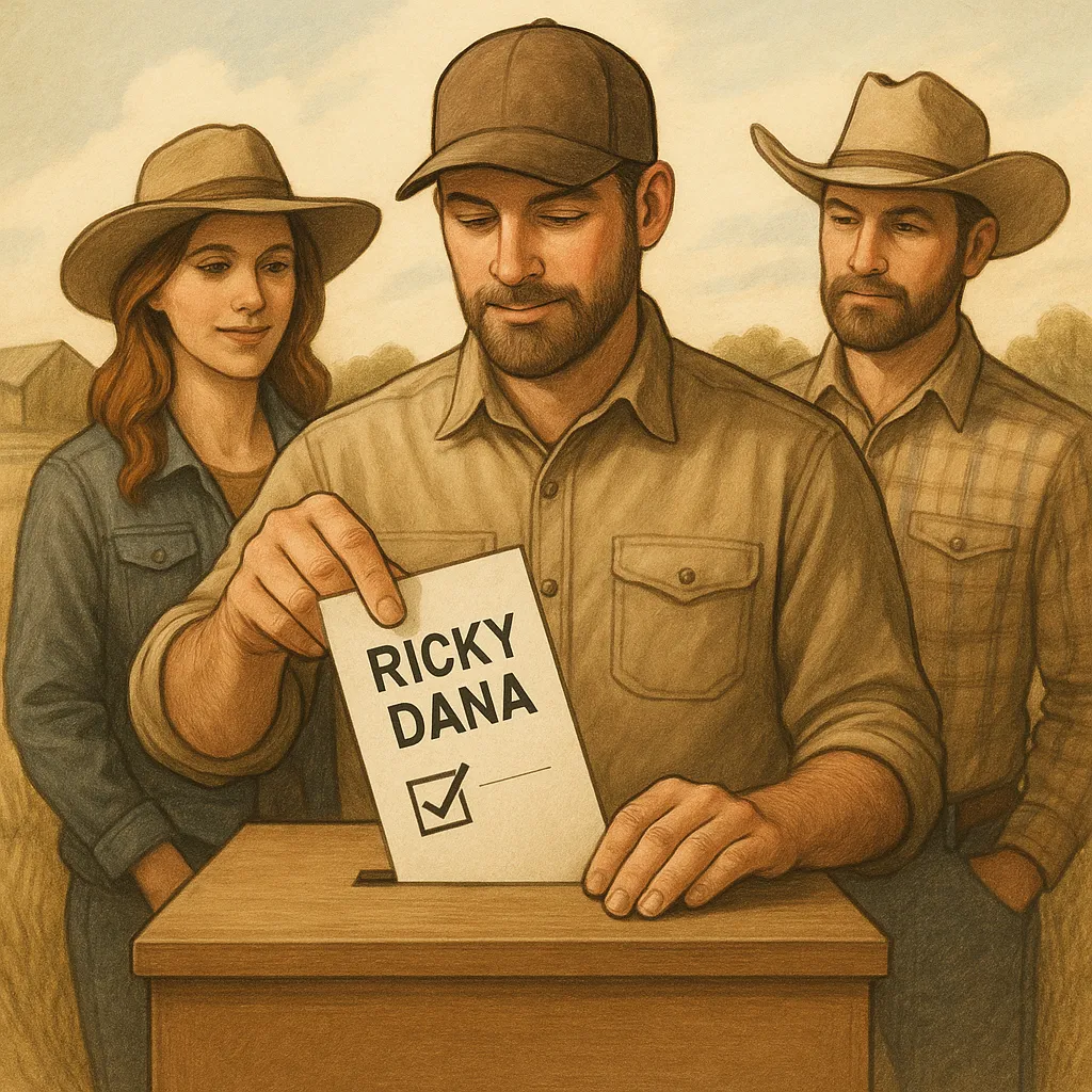 No Rubber Stamps: Real Representation for Missouri 1 Stylized illustration of rural Missourians casting a ballot into a wooden box. A man in a cap places a paper marked ‘Ricky Dana’ with a checkmark into the box, while a woman and another man in cowboy hats stand proudly beside him, symbolizing grassroots support.