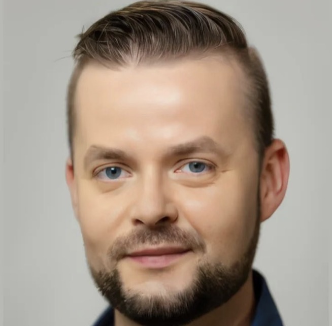 Fact-Checking the Arrest of Tom Artiom Alexandrovich, Israeli Cyber Official, in Las Vegas 1 Alexandrovich, an Israeli cyber official, with short light brown hair combed back, blue eyes, a trimmed beard, and a slight smile, against a plain background.