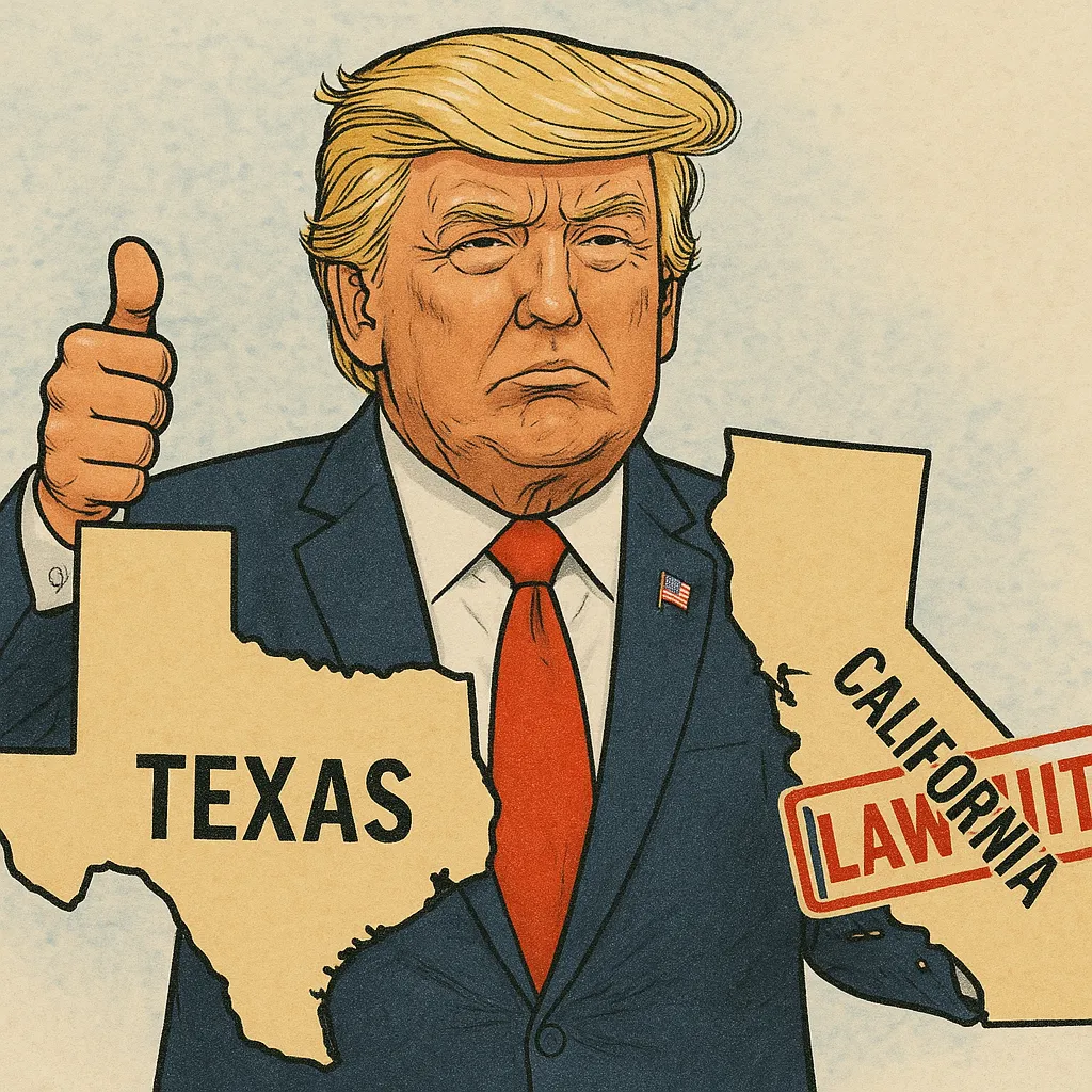 Two Maps, Two Rules: Trump’s Texas vs. California Redistricting Flip‑Flop 1 A satirical editorial cartoon of Donald Trump holding two maps — one of Texas, where he smiles and gives a thumbs-up, and one of California, stamped with the word “LAWSUIT,” where he frowns. The illustration highlights Trump’s hypocrisy on redistricting.