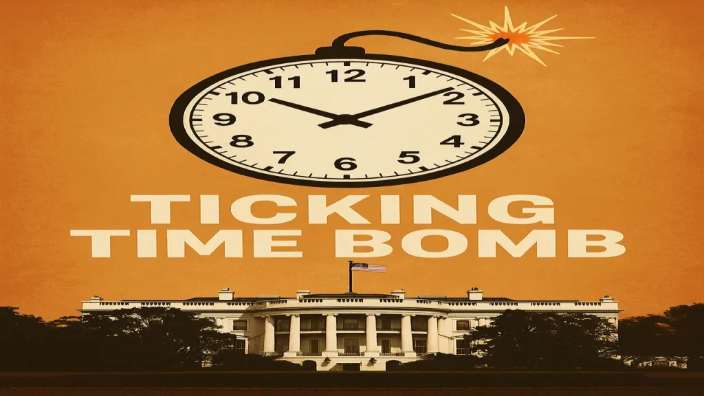 Trump’s Health: Can He Survive Four More Years? 1 A symbolic digital illustration of the White House beneath a large clock in the sky. The clock has a lit fuse, resembling a time bomb, representing the urgency and fragility of Donald Trump’s health in his second term.