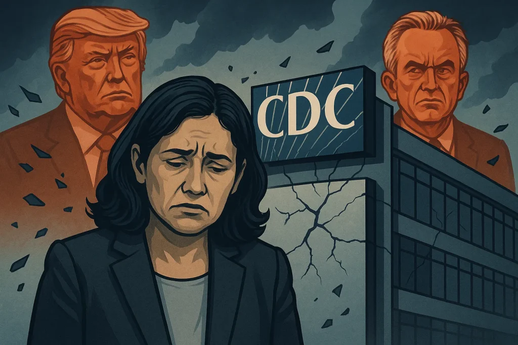 Susan Monarez Ousted as CDC Director — A Political Purge Dismantles Public Health 1 A semi-realistic illustration of the CDC building under stormy skies, cracked and distressed, symbolizing political attacks on public health leadership.