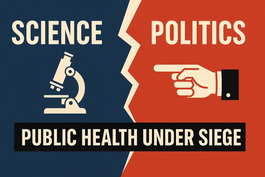Editorial-style illustration split diagonally: on the left, a navy background with the word ‘Science’ above a microscope; on the right, a red background with the word ‘Politics’ above a pointing hand. A jagged line divides the two sides, with the phrase ‘Public Health Under Siege’ across the bottom.