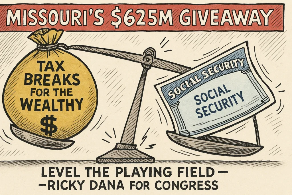 Satirical political cartoon of a tilted balance scale. On the heavy side, a giant golden money bag labeled ‘Tax Breaks for the Wealthy’ weighs down the scale. On the lighter side, an oversized blue Social Security check labeled ‘Social Security’ is lifted up. Banner at top reads ‘Missouri’s $625M Giveaway.’ Caption at the bottom says ‘Level the Playing Field — Ricky Dana for Congress.