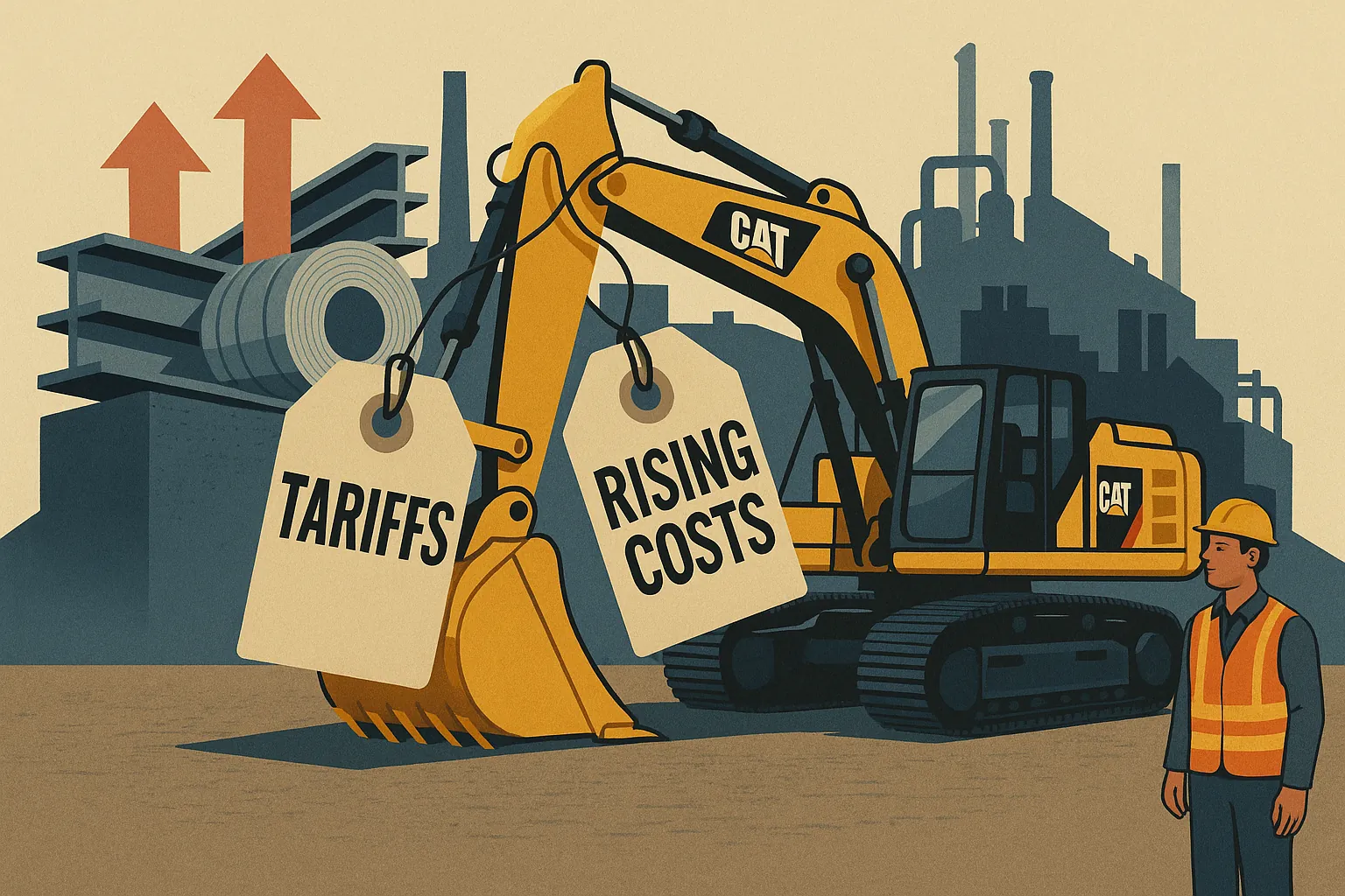 Caterpillar Tariff Cost Warning Raises Concerns Across U.S. Manufacturing 1 A large yellow Caterpillar bulldozer weighed down by price tags labeled ‘Tariffs’ and ‘Rising Costs,’ with steel beams and aluminum coils in the background showing red upward arrows. A worker in a hard hat looks on with concern, reflecting the burden of rising costs.