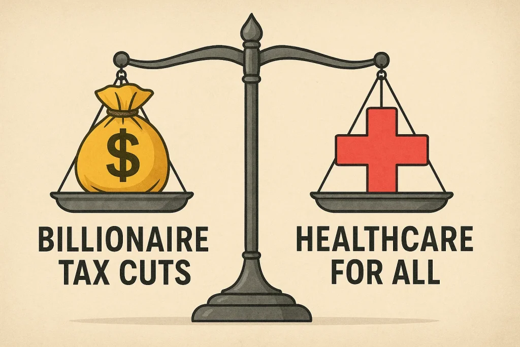 Healthcare for All Costs Less Than Billionaire Tax Cuts 1 An editorial-style illustration of a balance scale. On the left side, a golden sack labeled ‘Billionaire Tax Cuts.’ On the right side, a red cross labeled ‘Healthcare for All,’ shown weighing heavier to emphasize that healthcare costs less.