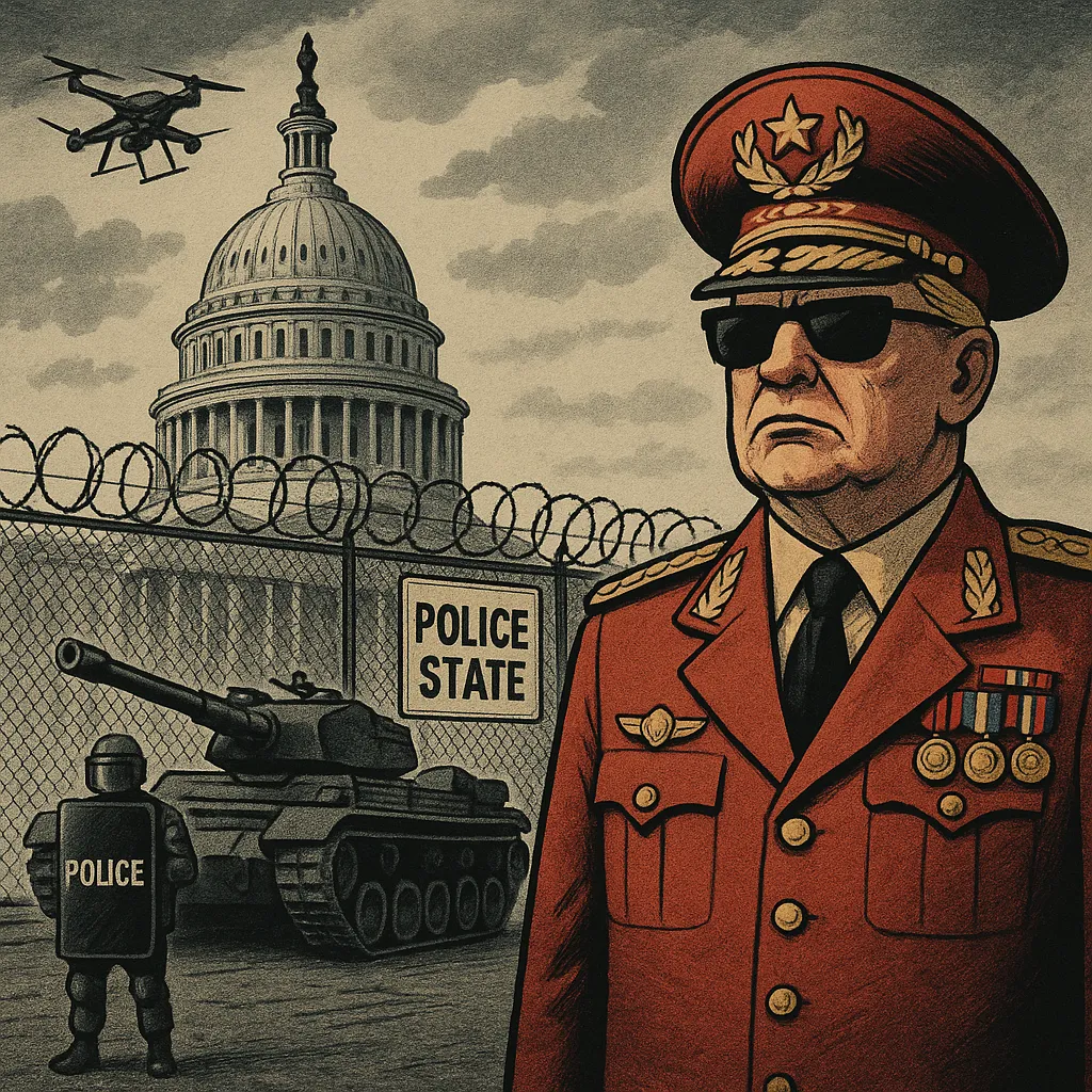 The Real Threat Isn’t Communism—It’s Fascism 1 Illustration of a stern military dictator in a red uniform and sunglasses standing in front of the U.S. Capitol, which is fenced off with barbed wire. A sign on the fence reads “Police State.” Nearby are a tank, a police officer in riot gear, and a surveillance drone flying overhead.