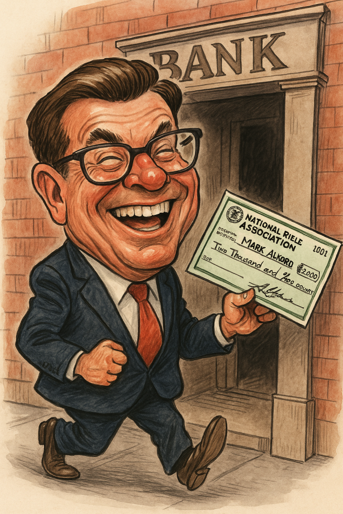 Caricature of a man resembling Mark Alford smiling while holding a $2,000 NRA check, walking proudly toward a bank with exaggerated glee. The background hints at forgotten rural towns, highlighting special interest favoritism.