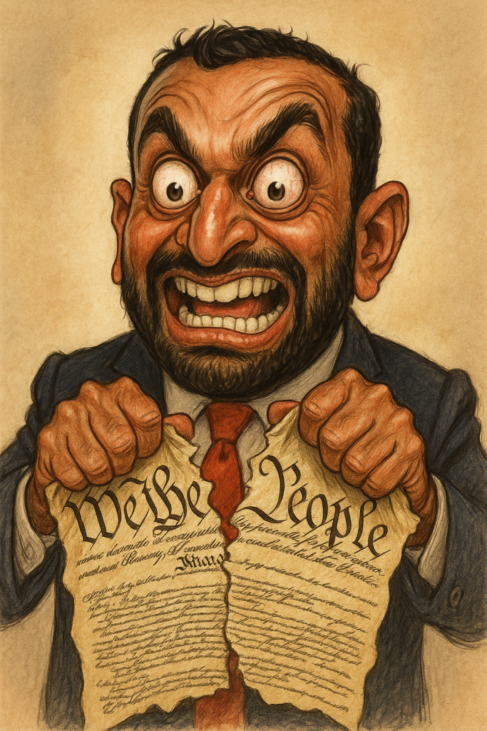 Satirical caricature of a man with exaggerated wild eyes, furrowed brows, and a wide, toothy grin, depicted tearing the United States Constitution in half. He wears a dark suit, white shirt, and red tie, with the torn document prominently showing the words “We the People.” The style is bold, colorful, and intentionally distorted for comedic effect.