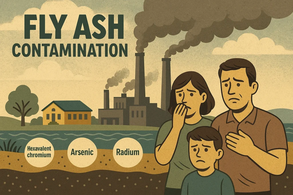 Illustration showing a worried family standing in front of a school and a coal power plant with smoke stacks, labeled “Fly Ash Contamination,” with icons for hexavalent chromium, arsenic, and radium in the soil and water.