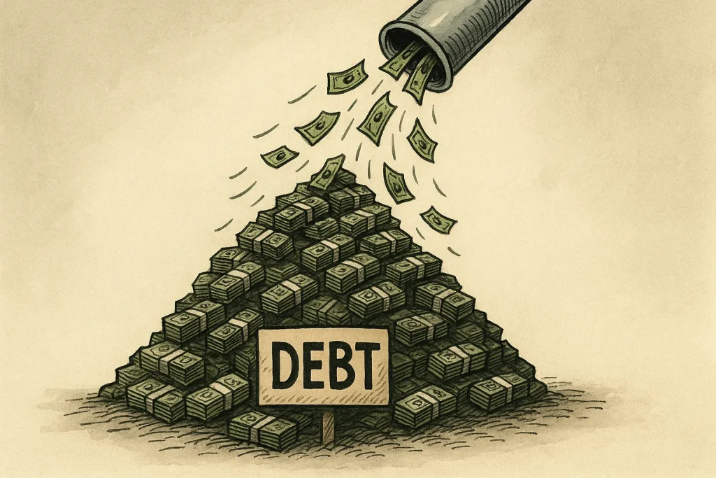 Why the Debt—and You—Matter More Than You Think 1 Satirical cartoon of a massive pile of cash labeled ‘DEBT’ with a chute pouring more money onto it, symbolizing ballooning national debt interest payments.