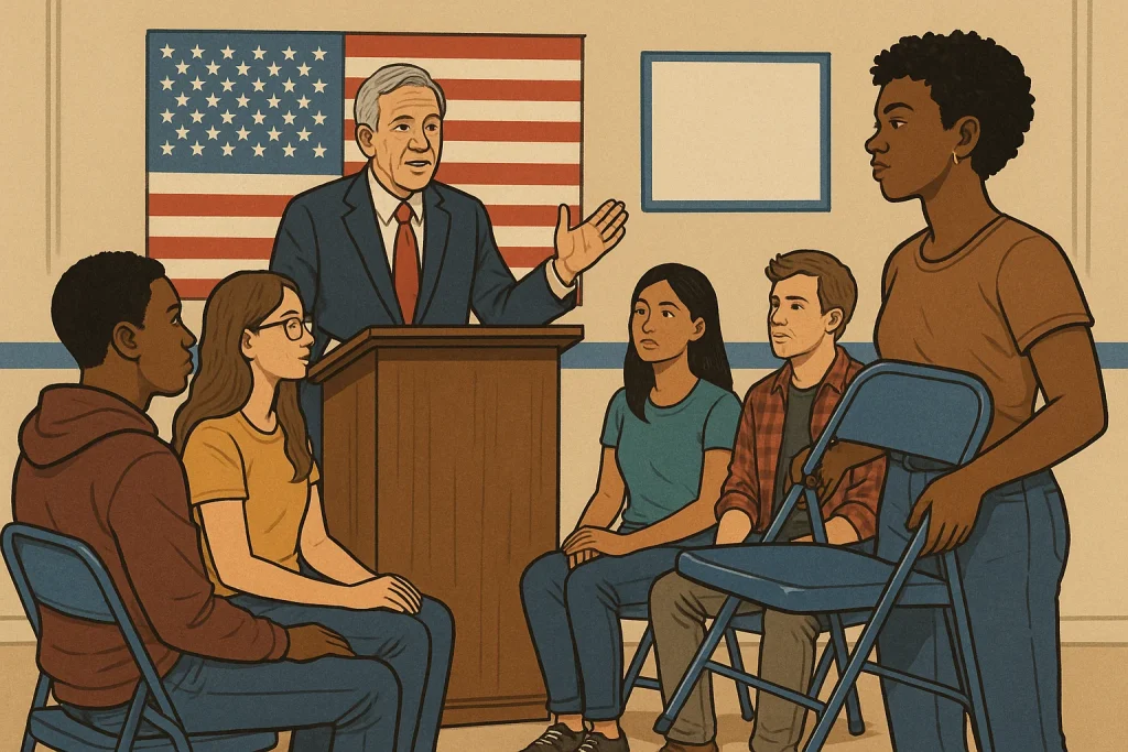 A diverse group of young people sit and listen intently at a town hall meeting, while one young woman stands holding a blue folding chair, symbolizing the quote ‘If they don't give you a seat at the table, bring a folding chair.’ An older man in a suit speaks from a podium in front of an American flag.