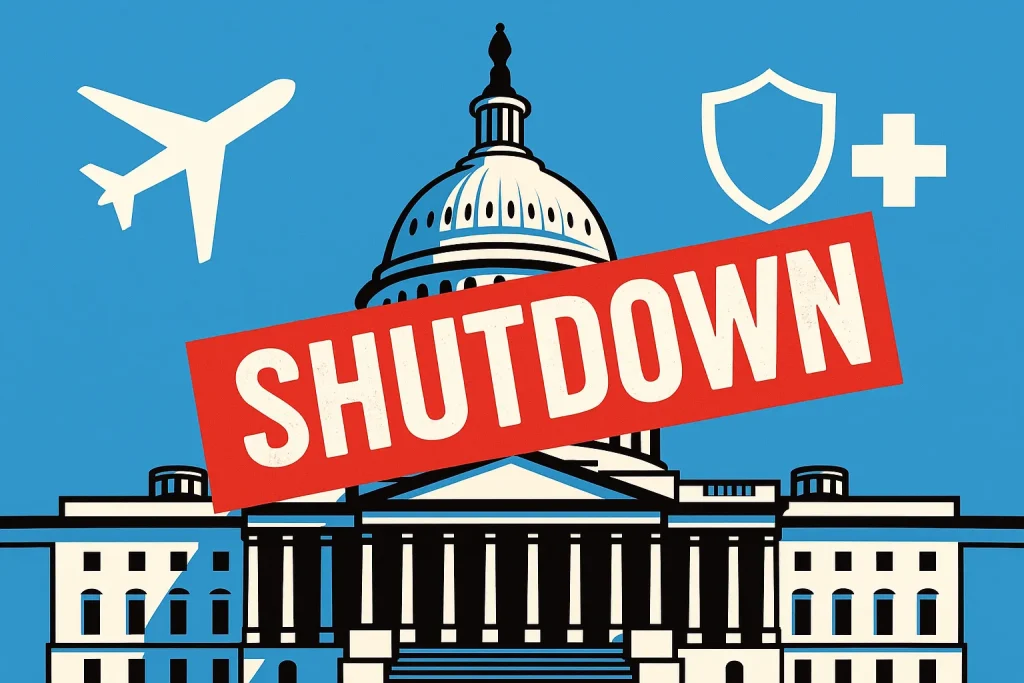 Government shutdown graphic showing the U.S. Capitol with a bold red SHUTDOWN stamp and icons for essential services like healthcare, security, and air travel.
