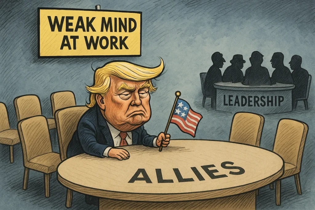 Satirical caricature of Donald Trump looking small and isolated at a summit table marked ‘Allies,’ while other leaders gather at a separate table labeled ‘Leadership’ — symbolizing Trump’s weakness on the world stage.