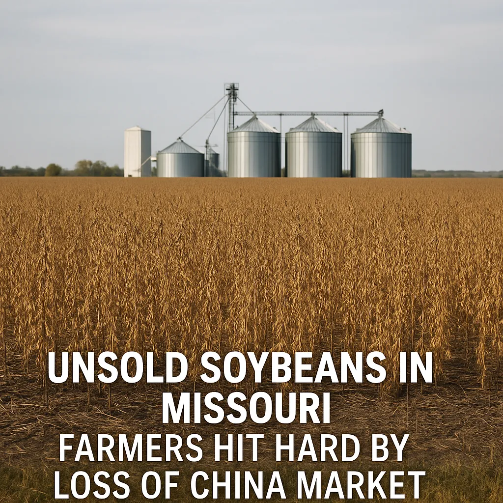 Missouri farmers face unsold soybean crops and grain bins under cloudy skies, showing the farm crisis caused by China soybeans and Trump trade war.