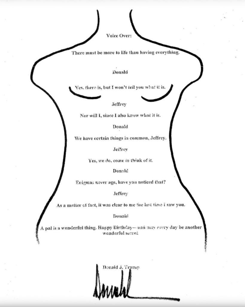 Trump Epstein birthday card released by House Democrats, showing dialogue between Trump and Epstein in nude torso outline format