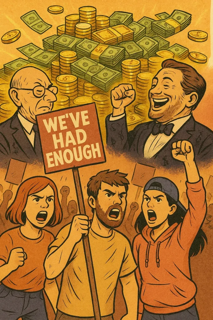Bubble-up economics protest art showing Millennials and Gen Z demanding fairness with a sign reading ‘We’ve Had Enough’ against wealthy elites hoarding money and gold.