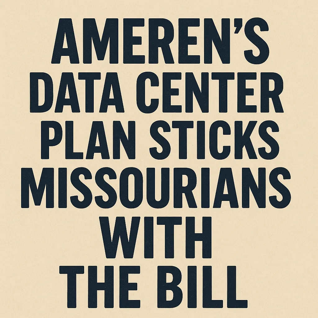 Ameren data center plan Missouri graphic showing bold protest message about rising electric bills for 