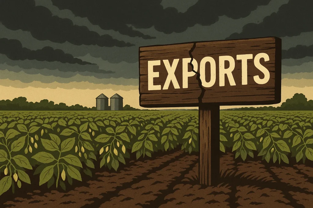 Trump trade policies hurt Missouri farms illustration showing a cracked wooden sign marked ‘EXPORTS’ standing in a soybean field under dark storm clouds, symbolizing shrinking markets and the struggle of Missouri farmers.