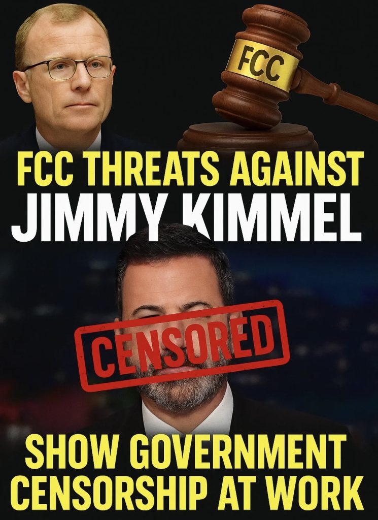 FCC threats against Jimmy Kimmel graphic showing FCC Chairman Brendan Carr with a gavel and a red CENSORED stamp over Kimmel’s face, symbolizing government censorship.