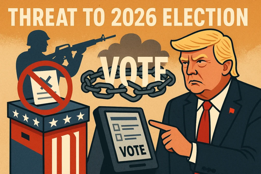 Threat to 2026 election illustration showing cracked ballot access: a ballot box with a ban sign, the word VOTE bound by chains, and storm clouds overhead symbolizing suppression and intimidation.